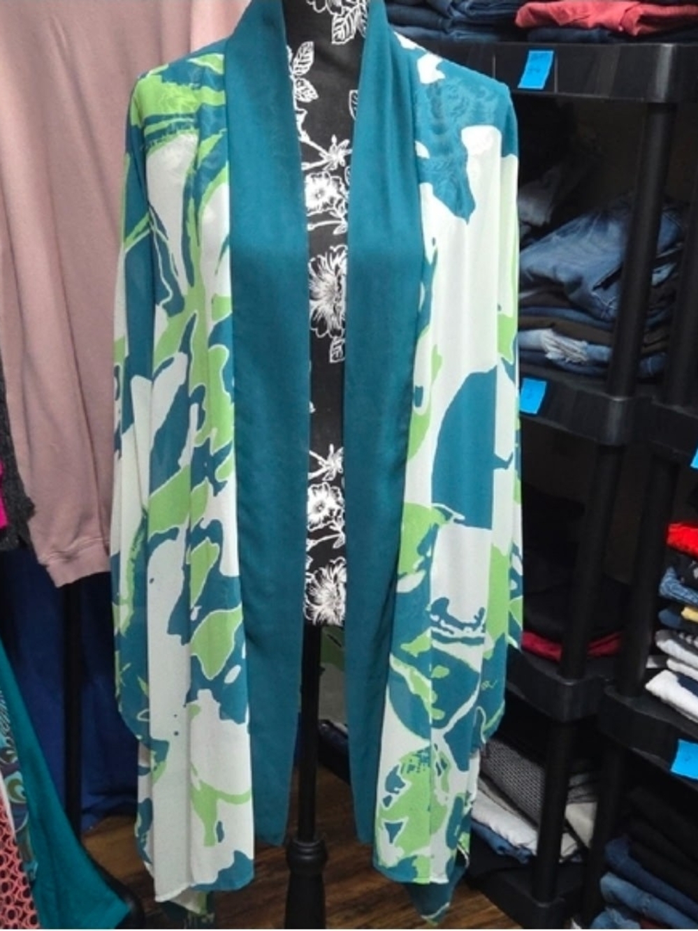 Rachel Zoe Teal, Lime & White Open-Front Drape Cardigan
